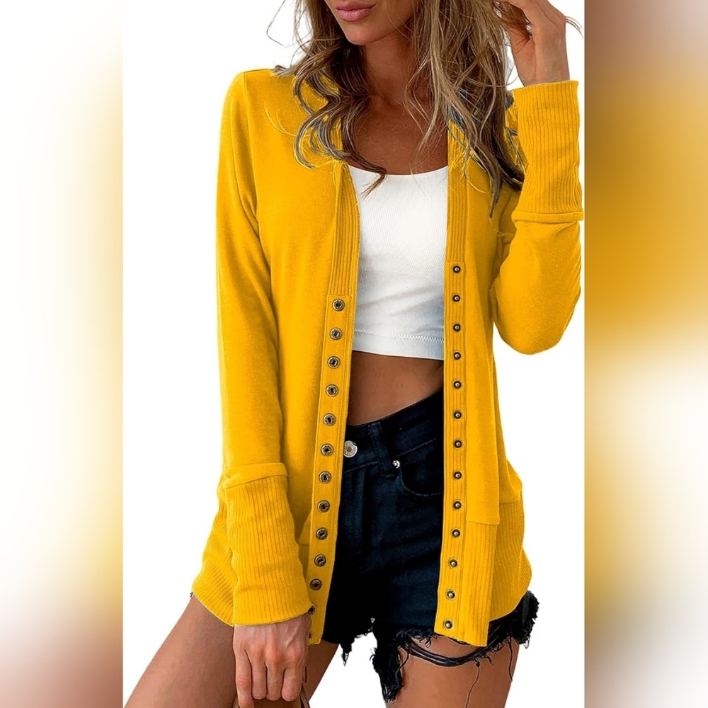 Traleubie Women's Mustard Yellow Snap Button-Up Cardigan